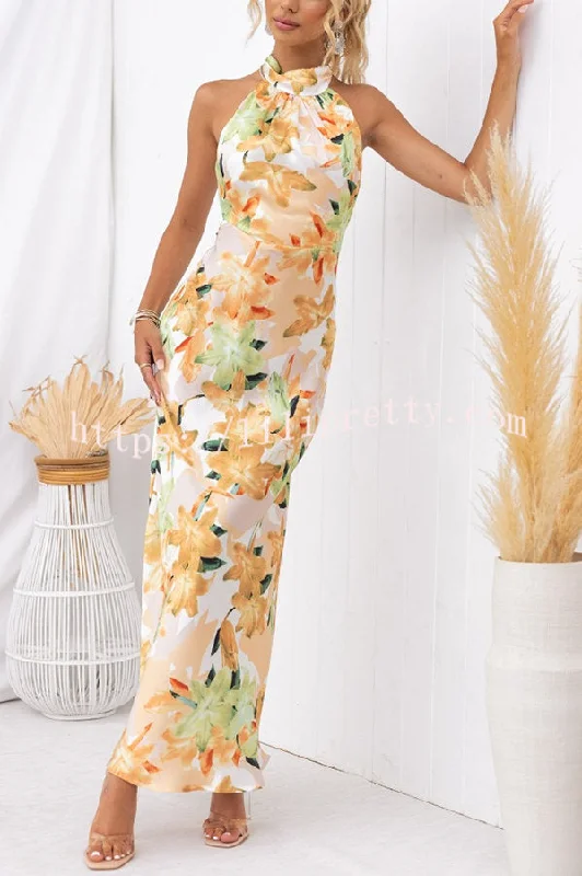 Lilipretty Happier Now Satin Floral Halter Maxi Dress