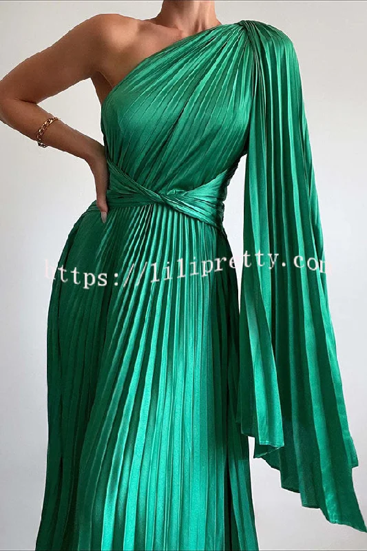 Lilipretty Keira One Shoulder Pleated Satin Maxi Dress