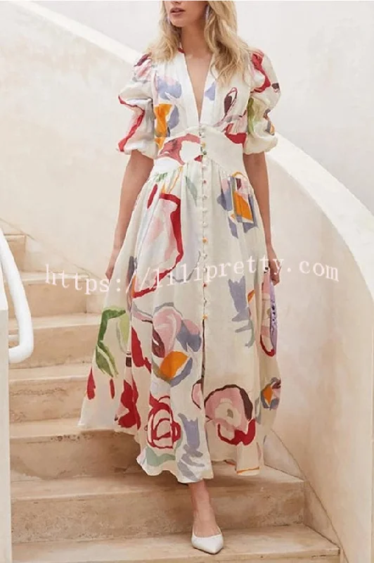 Lilipretty Lover's Gaze Watercolor Floral Printed Puff Sleeve Button Maxi Dress