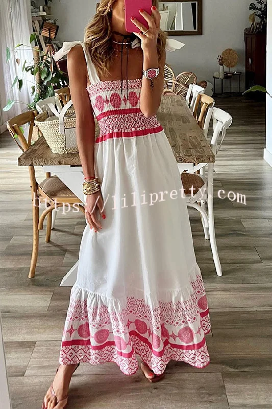 Lilipretty Malibu Villa Ethnic Printed Smocked Shoulder Tie Maxi Dress