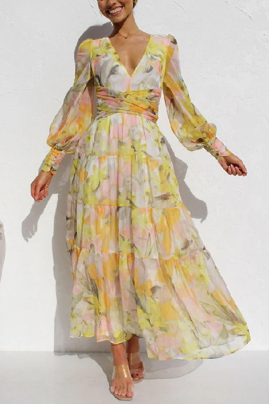 Lilipretty Olena Abstract Floral Balloon Sleeves Maxi Dress