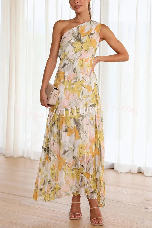 Lilipretty Saw An Angel Floral One Shoulder Elastic Waist Pleated Maxi Dress