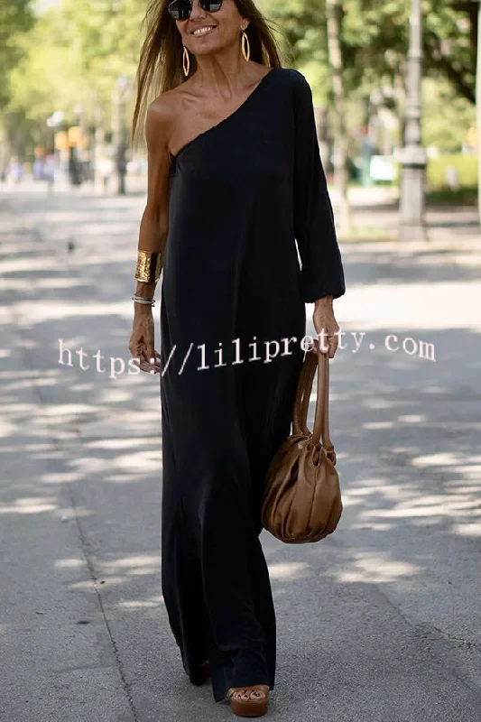 Lilipretty Side To Side One Shoulder Statement Maxi Dress