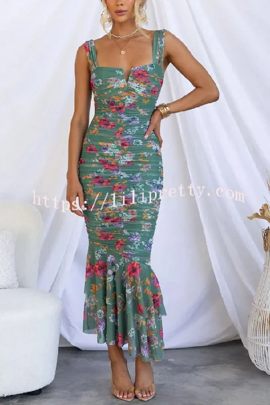 Lilipretty Styled To Perfection Floral Ruched Mesh Overlay Ruffle Hem Maxi Dress