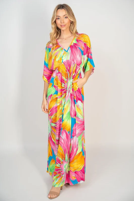 White Birch Printed V-Neck Maxi Dress with Pockets