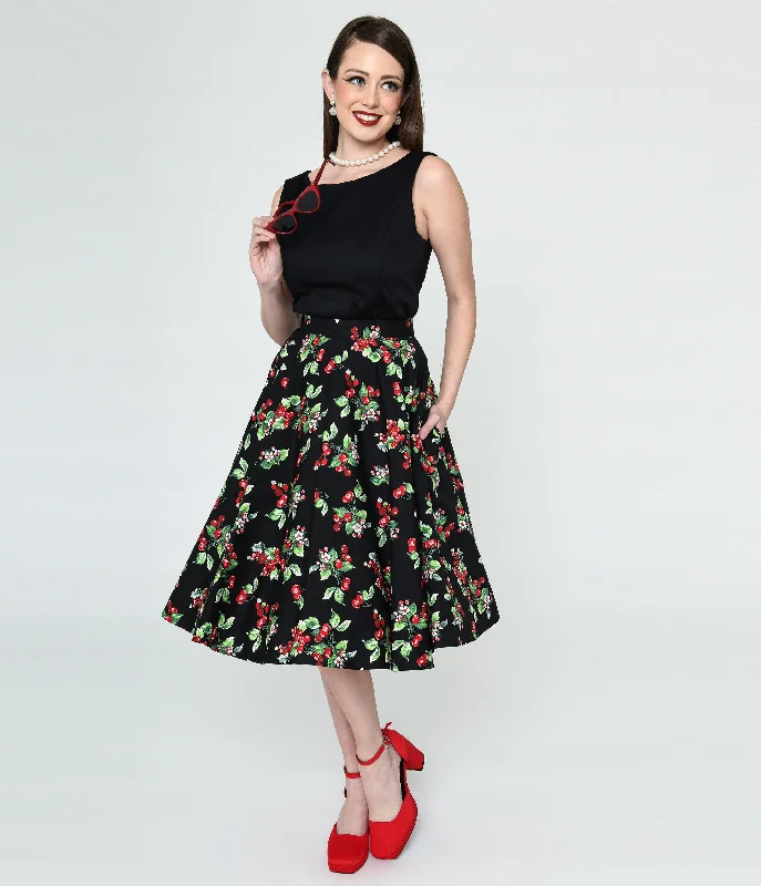 Hell Bunny Black & Cherry Print Swing Skirt