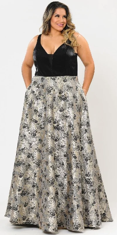 Lindas W1012 Floor Length Plus Size Ball Gown Black Satin Top Print A-Line Skirt