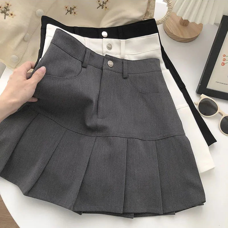 Znbbw Fashion Women Pleated Skirts Korean High Waist Button Mini Skirts Elegant All Match Female A Line Skirt Summer New