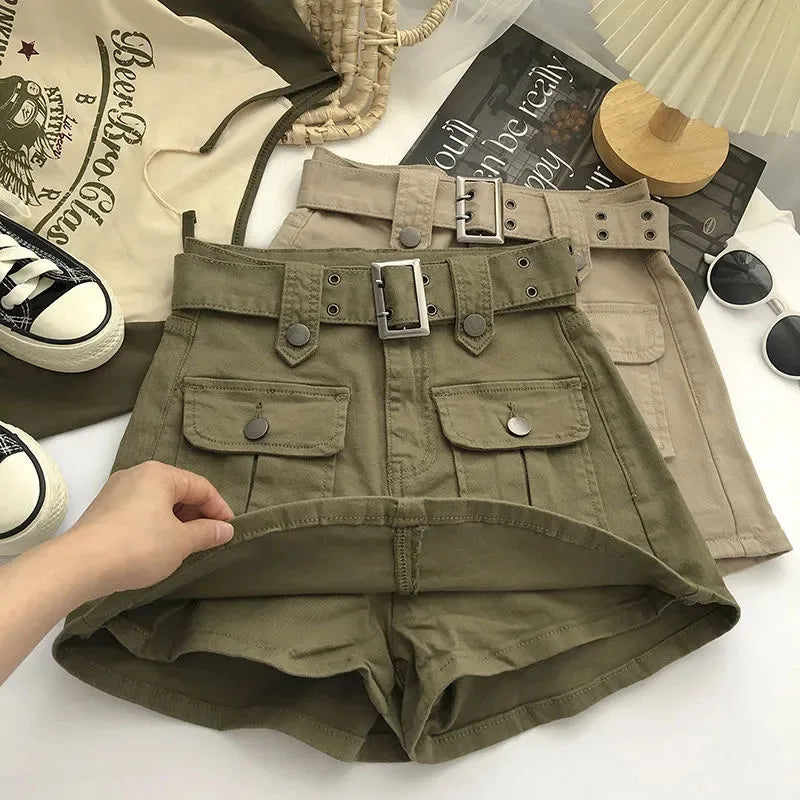 Znbbw High Waist Cargo Skirts Women Fashion Korean Chic with Belt Short Culotte Skirts Female Pocket Streetwear Jean Mini Skirts