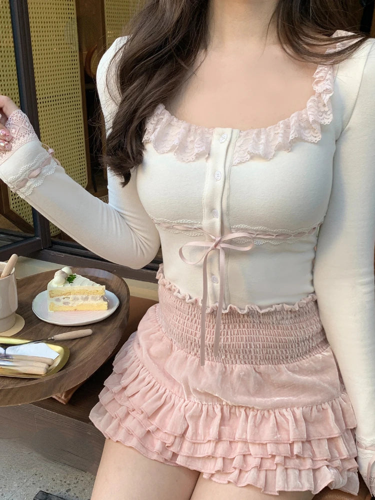 Znbbw Kawaii Lolita Two Piece Set Women Summer Sweet Cute Cake Skirt Suit Female Lace Elegant Blouse + Korean Mini Skirt 2024