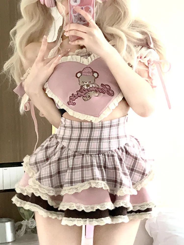 Znbbw Lolita Kawaii Two Piece Set Women Summer Korean Cute Mini Skirt Suit Female Sweet Heart-shaped Blouse£«Plaid Cake Skirt 2024