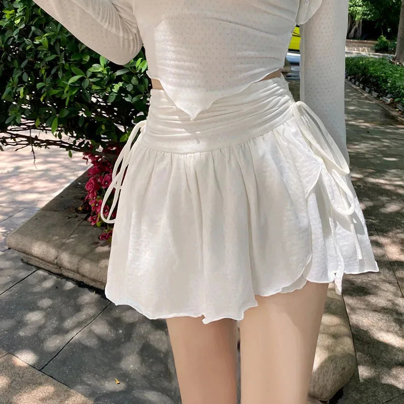 Znbbw Shirring White Mini Skirts Women High Waist Irregular Pleated Skirts Sweet Girly Style All-Match Ruffles Short Skirts