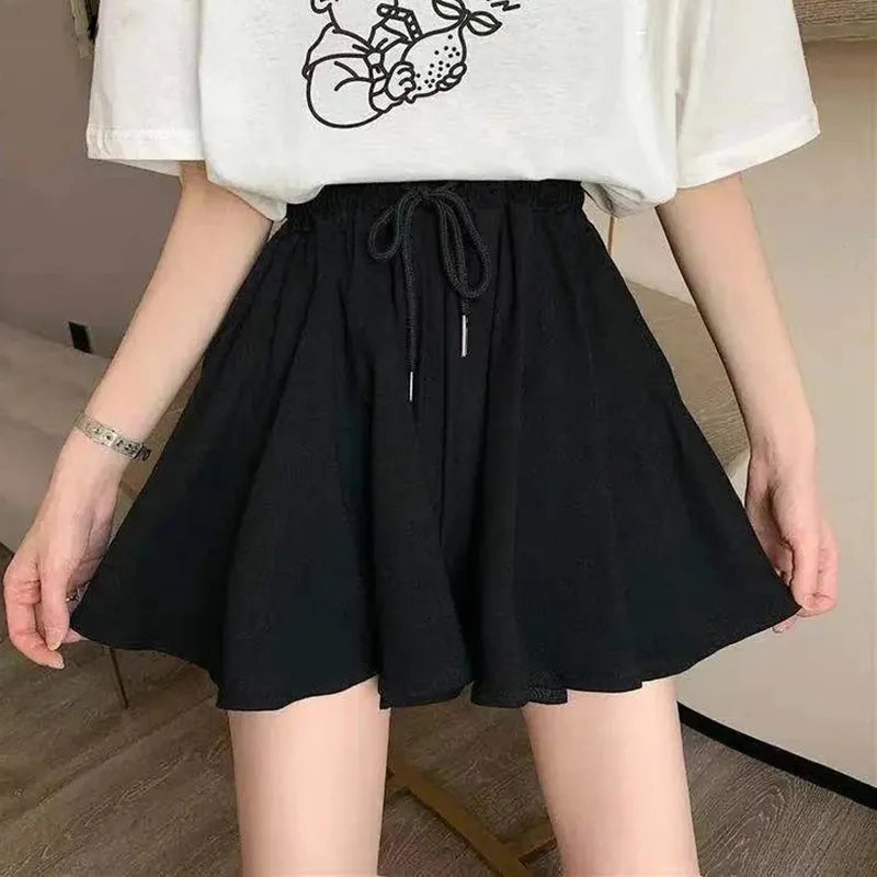 Znbbw Summer Shorts Skirts Women Elastic High Waist Casual Wide Leg Shorts Korean A Line Mini Skirt Oversized Black Short Pants