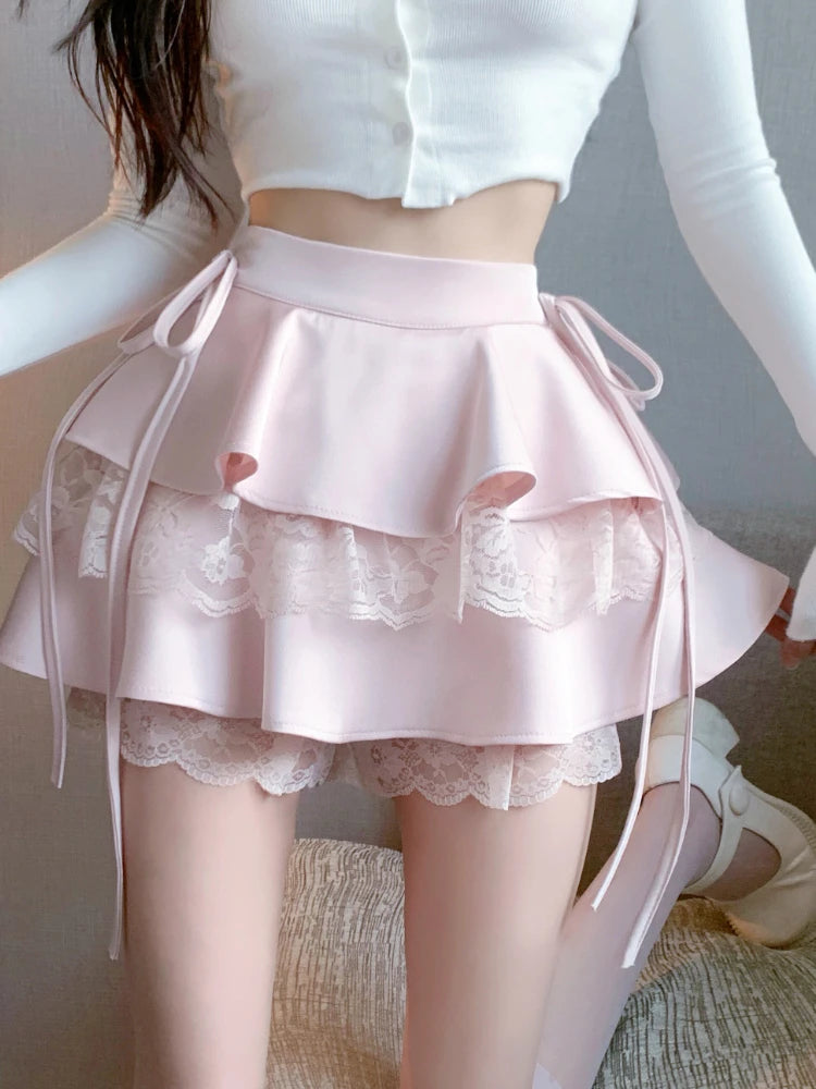 Znbbw Vintage Sweet Mini Skirt Women Lace-up Japanese Lolita Kawaii Cake Skirt Female Lace Korean Cute Fairy Skirts Summer 2024