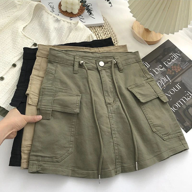 Znbbw Vintage Women A Line Skirt Korean Streetwear High Waist Mini Skirt Y2K Casual All Match Female Pocket Cargo Skirt New