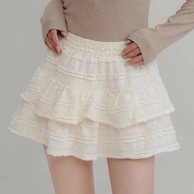 Znbbw Waist Cake Skirts Women Summer Korean Sweet Preppy Ruffle Tutu Skirts Female Solid Chic Ball Gown All-match Mini Skirts