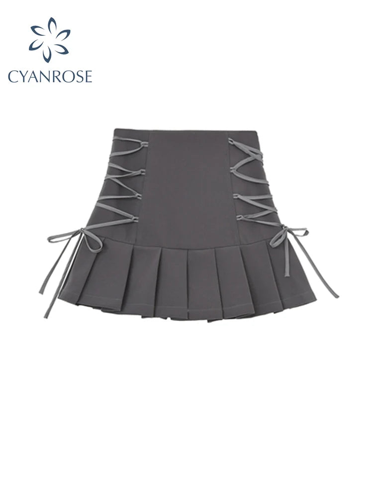 Znbbw Waist Pleated Skirts For Women Bandage Short Grey Skirts Gothic Sexy Club Streetwear Casual Harajuku Mini Skirts Female