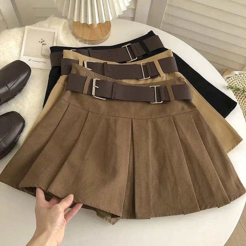 Znbbw Waist with Belt Pleated Skirts Women Y2K Summer Korean Streetwear Mini Skirt Female Solid Preppy All Match A Line Skirt New