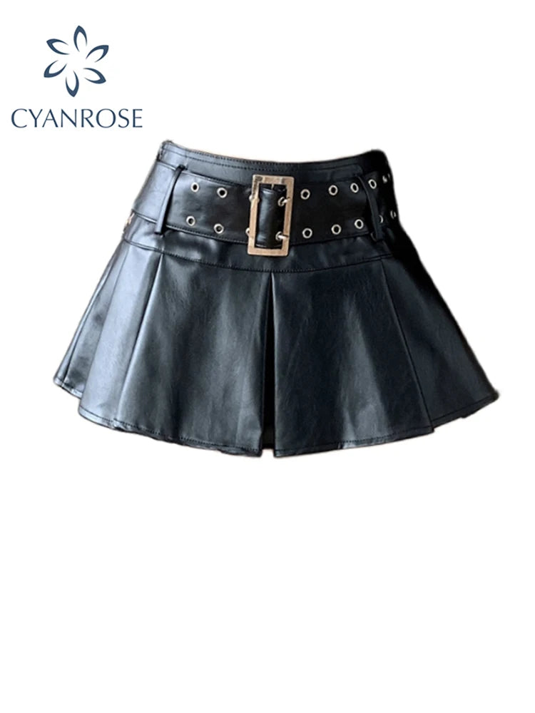 Znbbw Women Leather Skirts Vintage Female Streetwear Korean High Waist Fashion Y2k Black Gothic Punk Silver A-line Pleated Mini Skirt