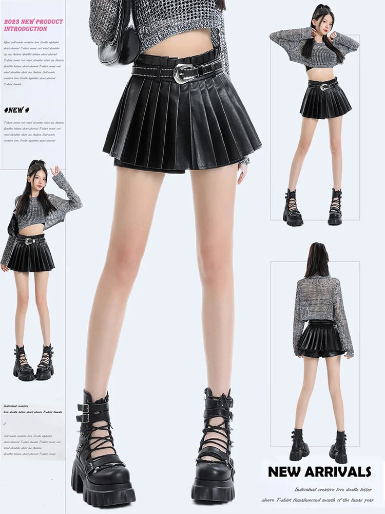 Znbbw Women's Black Gothic Pleated Skirt Harajuku Streetwear Y2k Mini Leather Skirt Korean Vintage A-line Skirt 90s Emo 2000s Clothes