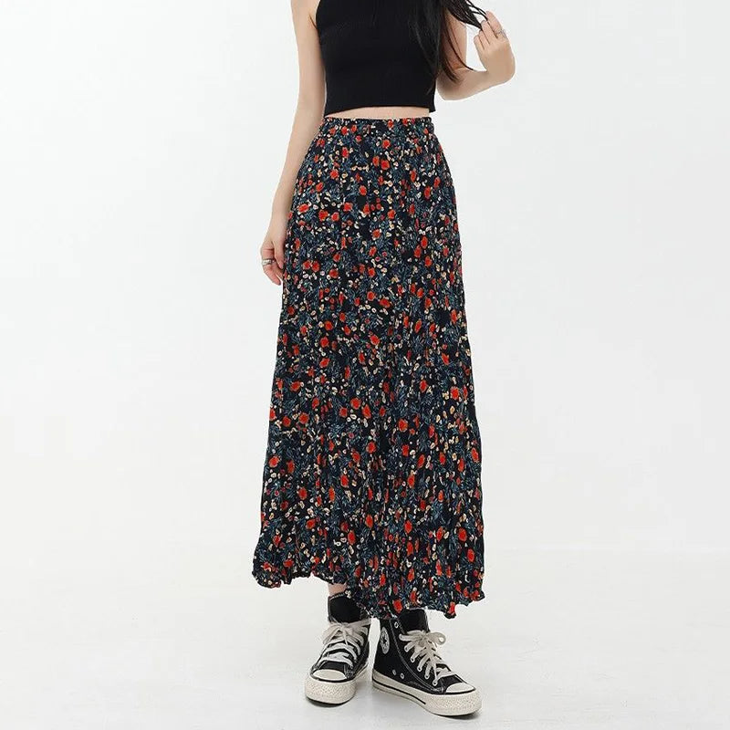 Korean Fashion Floral Print Elegant Long Skirt