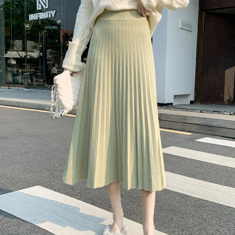 New Knitted Solid Color Pleated Long Skirt