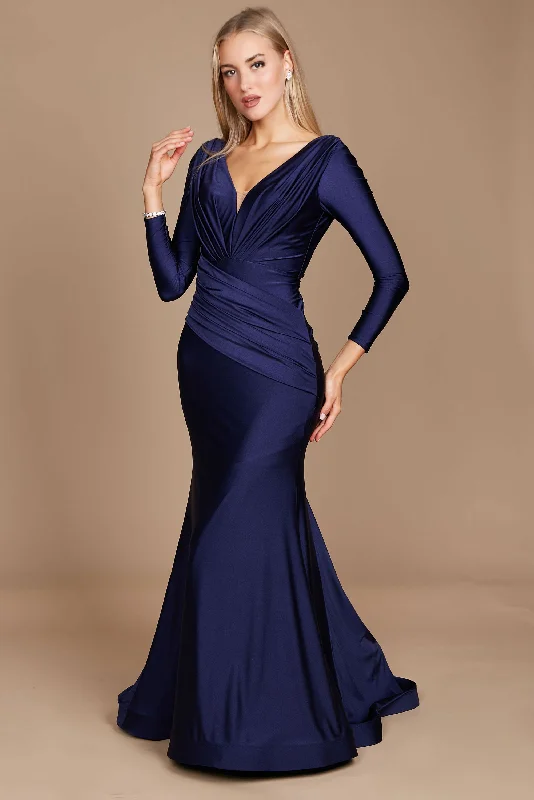 Dylan & Davids Long Sleeve Formal Fitted Evening Dress Navy