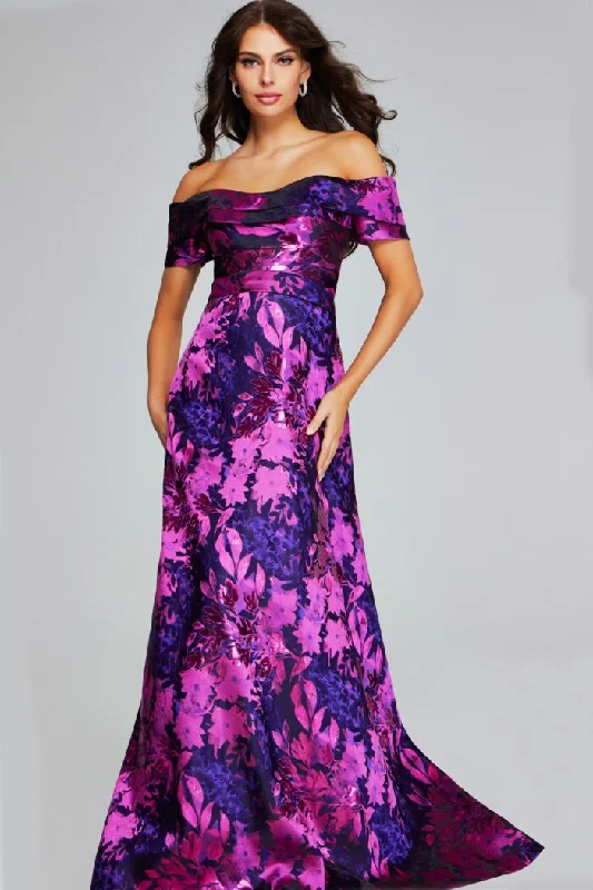 Jovani 42506 A Line Long Formal Floral Metallic Evening Dress