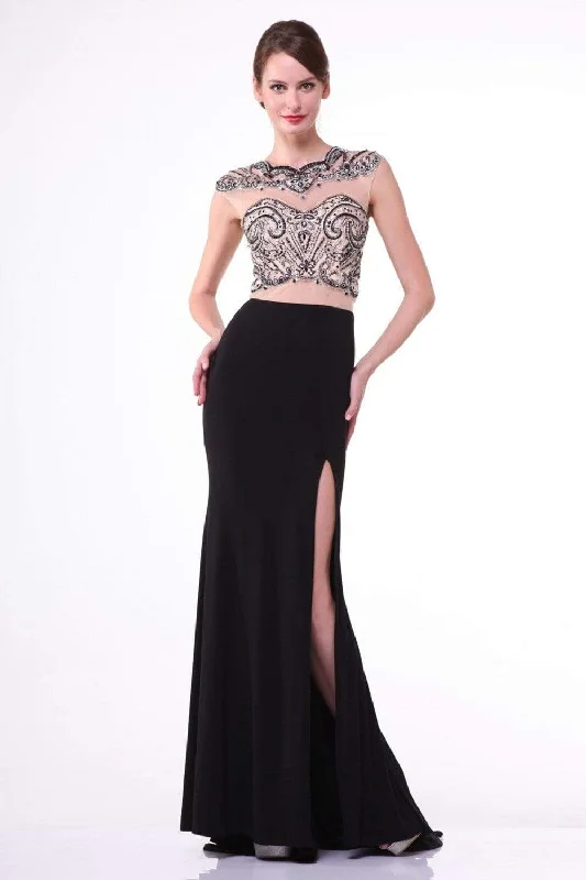 Cinderella Divine - 8786 Beaded Illusion Sheath Dress with Slit