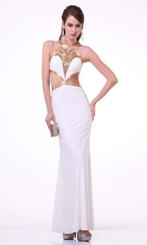 Cinderella Divine - J735 Sheer Beaded Halter Midriff Cutout Dress