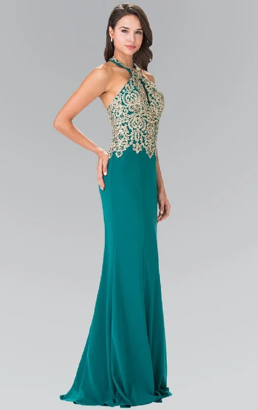 Elizabeth K - GL2231 Embroidered Halter Jersey Trumpet Dress