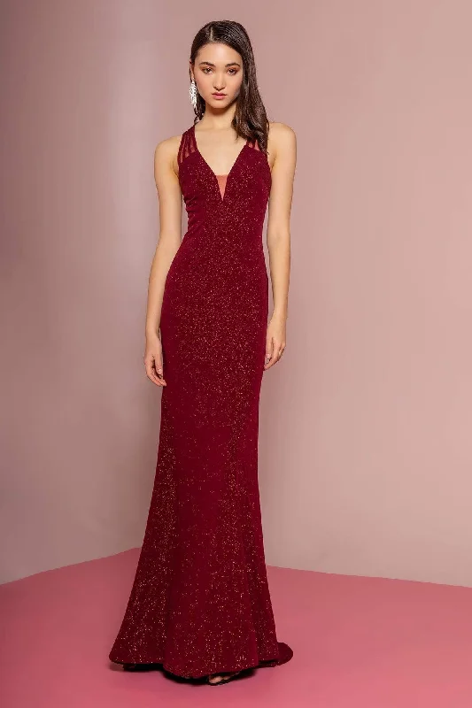 Elizabeth K - GL2704 Glitter Crepe Deep V-neck Trumpet Dress