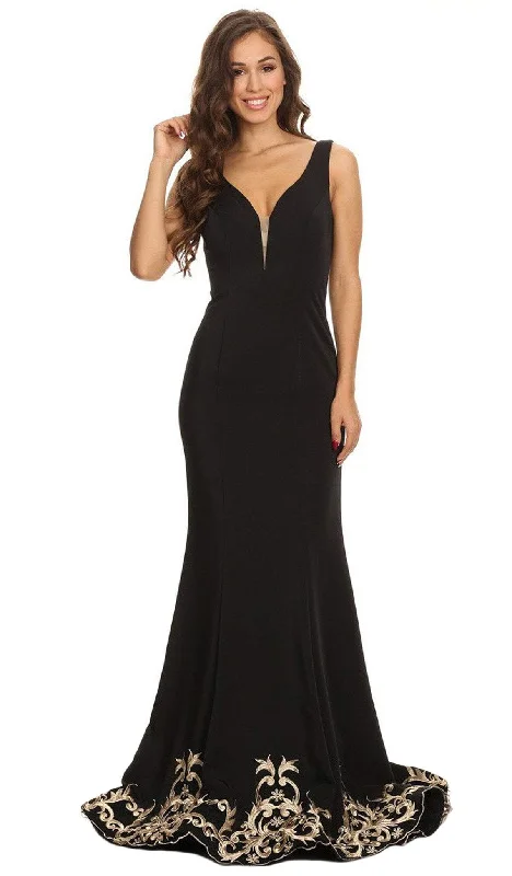 Eureka Fashion - 6090 Embroidered V-neck Stretch Satin Trumpet Dress