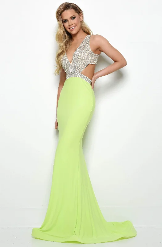 Jasz Couture - 7032 Embellished Deep V-neck Trumpet Dress