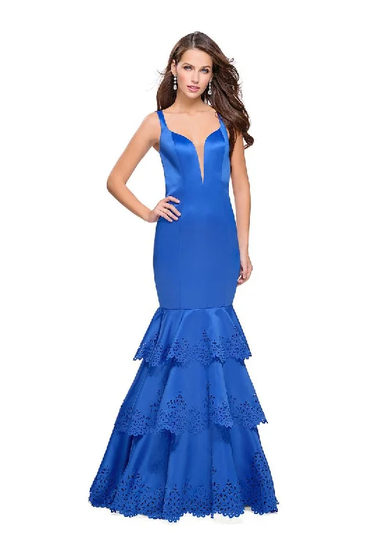 La Femme - 25749 Deep V-neck Satin Ruffled Mermaid Dress