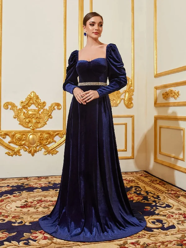 Sweetheart Neck Gigot Sleeves Rhinestone Waistband Velvet Formal Dress