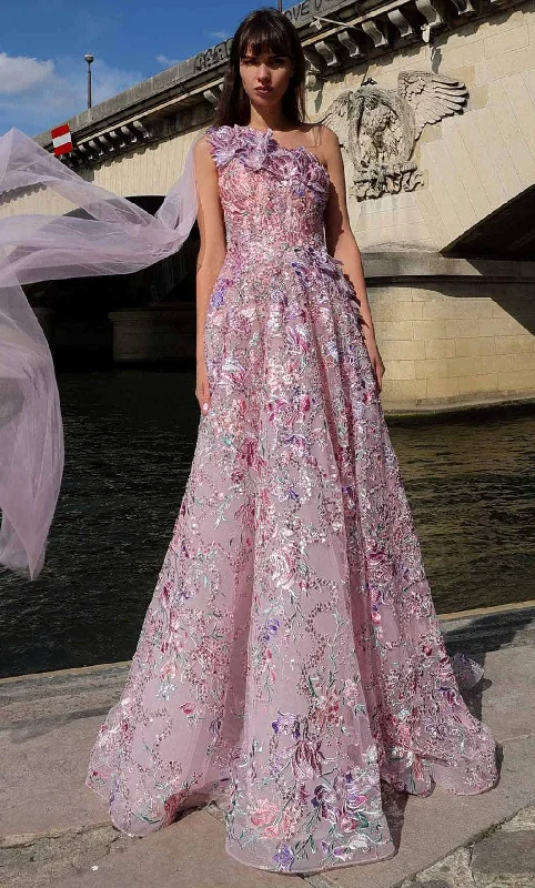 MNM Couture K4020 - Floral Embroidered One Shoulder Gown