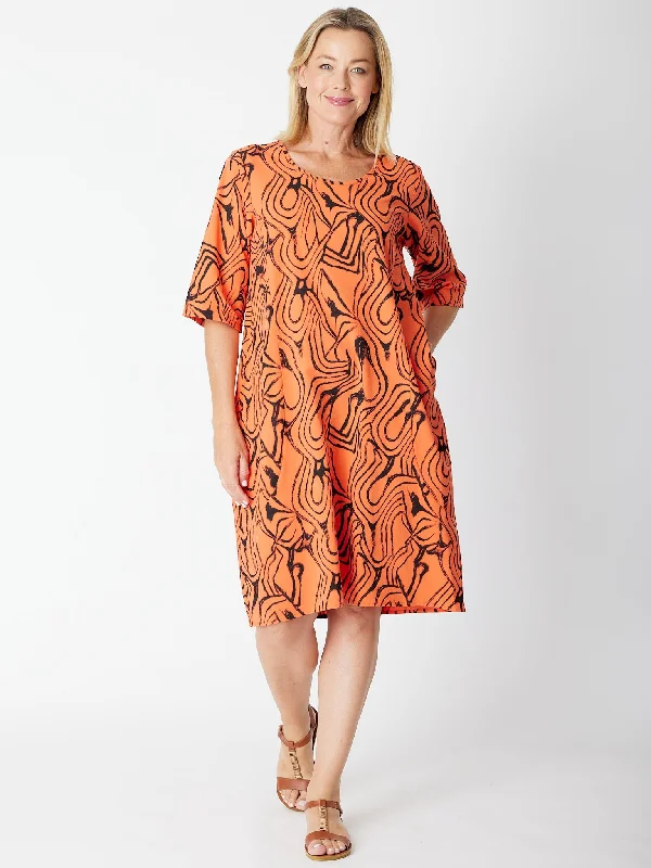 Print Pocket Cotton Dress - 30580 Orange/Black