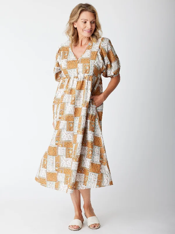 PRINTED BILLOW SLEEVE DRESS- Toffee 30403- S