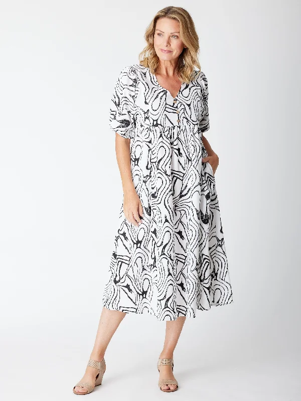 PRINTED BILLOW SLEEVE DRESS- White/Black 30403- S