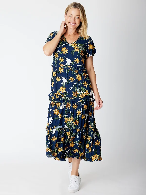 Printed Tier Dress - Navy/Lemon 26997-S