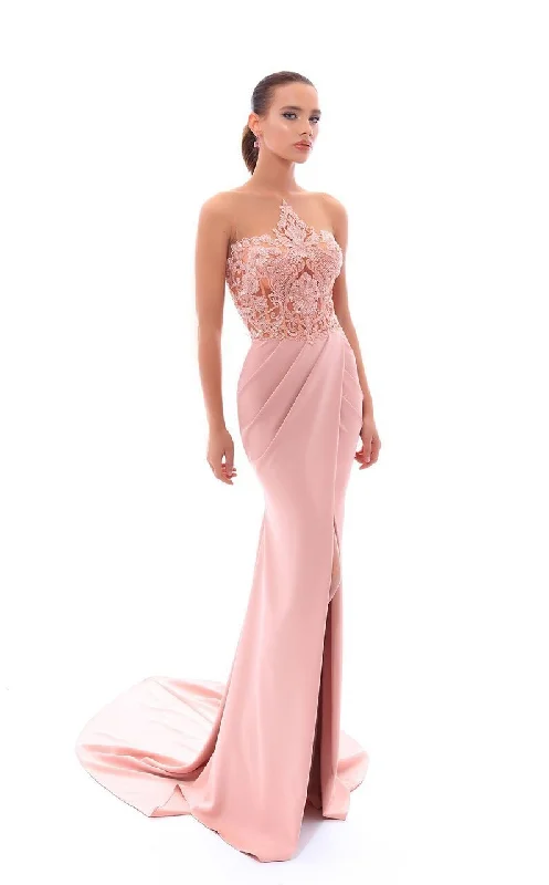 Tarik Ediz Illusion Beaded Floral Lace High Slit Gown 93408