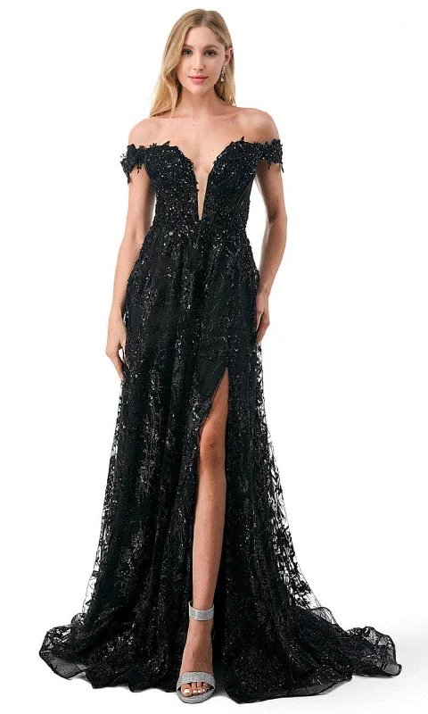 Trevi Collection L2621 - Floral Sequin Off Shoulder Evening Gown