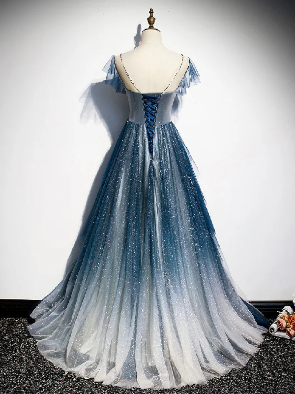 Blue Round Neck Tulle Beads Long Prom Dress, Blue Evening Dress