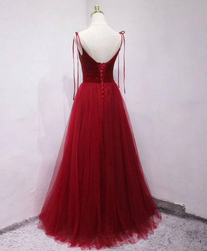 Burgundy tulle beads long prom dress, burgundy tulle formal dress