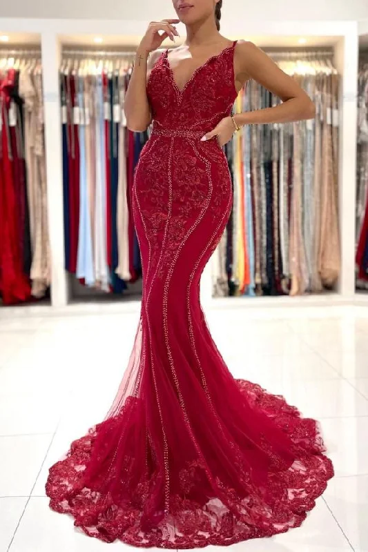 Burgundy V-Neck Sleeveless Mermaid Evening Dress Lace Appliques With Beadings