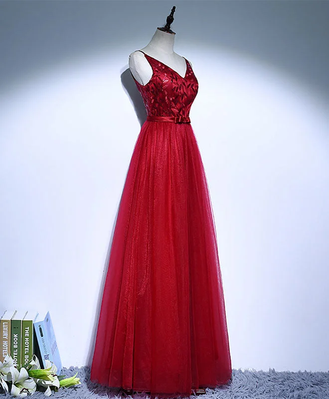 Burgundy V Neck Tulle Long Prom Dress, Evening Dress