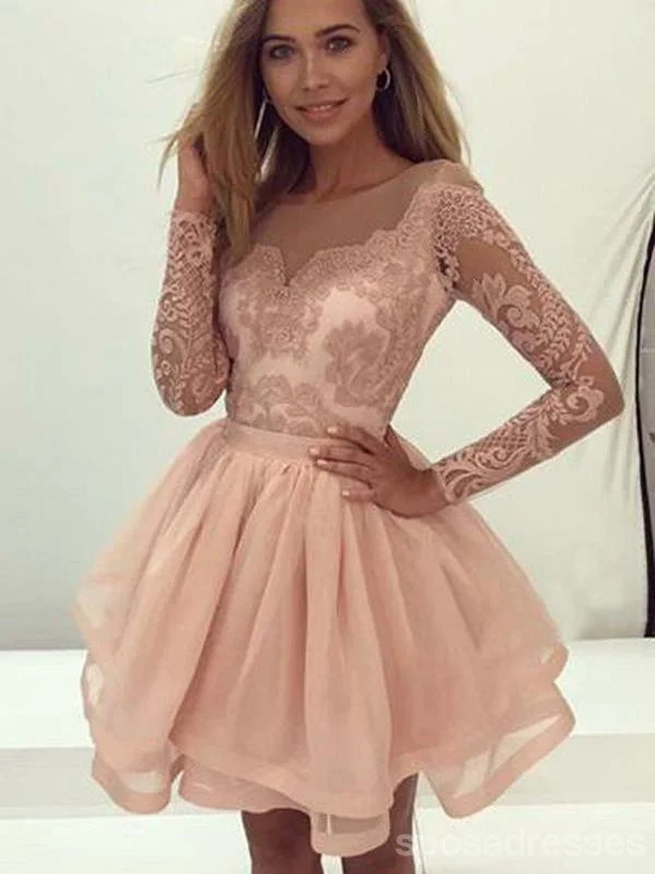 Lace Long Sleeves Illusion Short Cheap Homecoming Dresses 2018, CM545