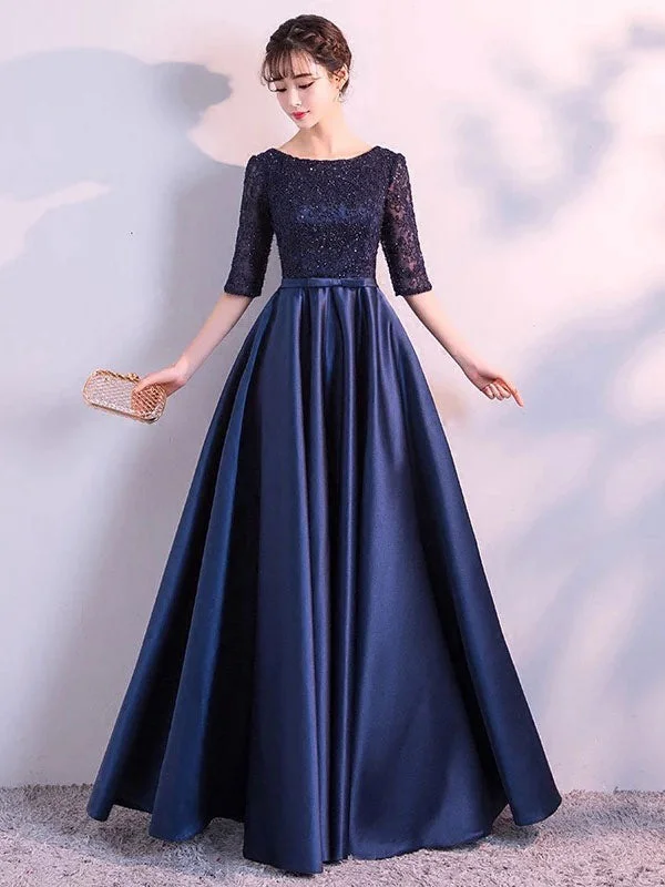 Charming Evening Dresses Dark Navy Long evening dress Lace Satin Bow Sash Half Sleeve Formal Gowns