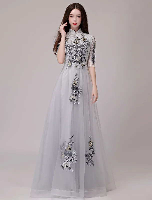 Classic Evening Dresses Lace Applique Half Sleeve Stand Collar Formal Gowns